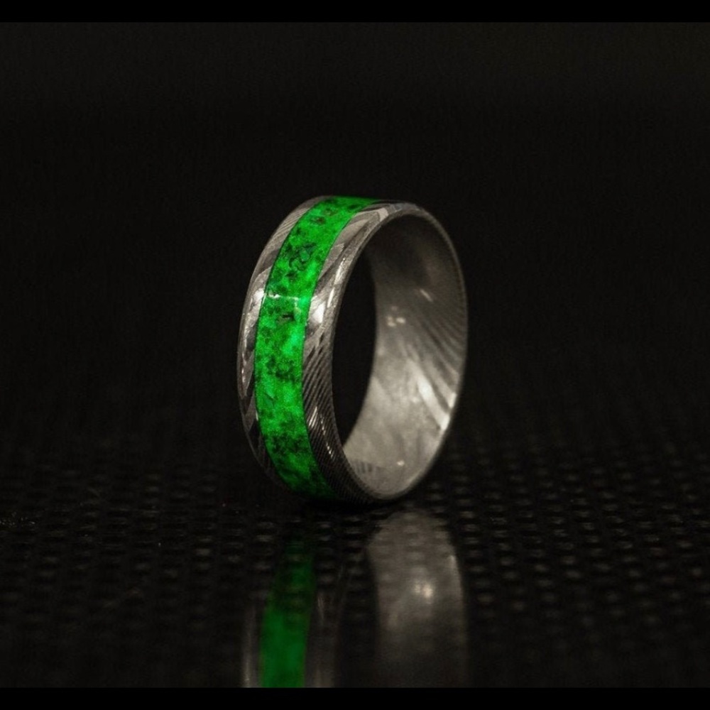 Diamond Damascus Ring, Green Glow Ring Galaxy Ring